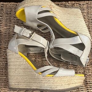 G by Guess Cream and Yellow Wedge Sandals
